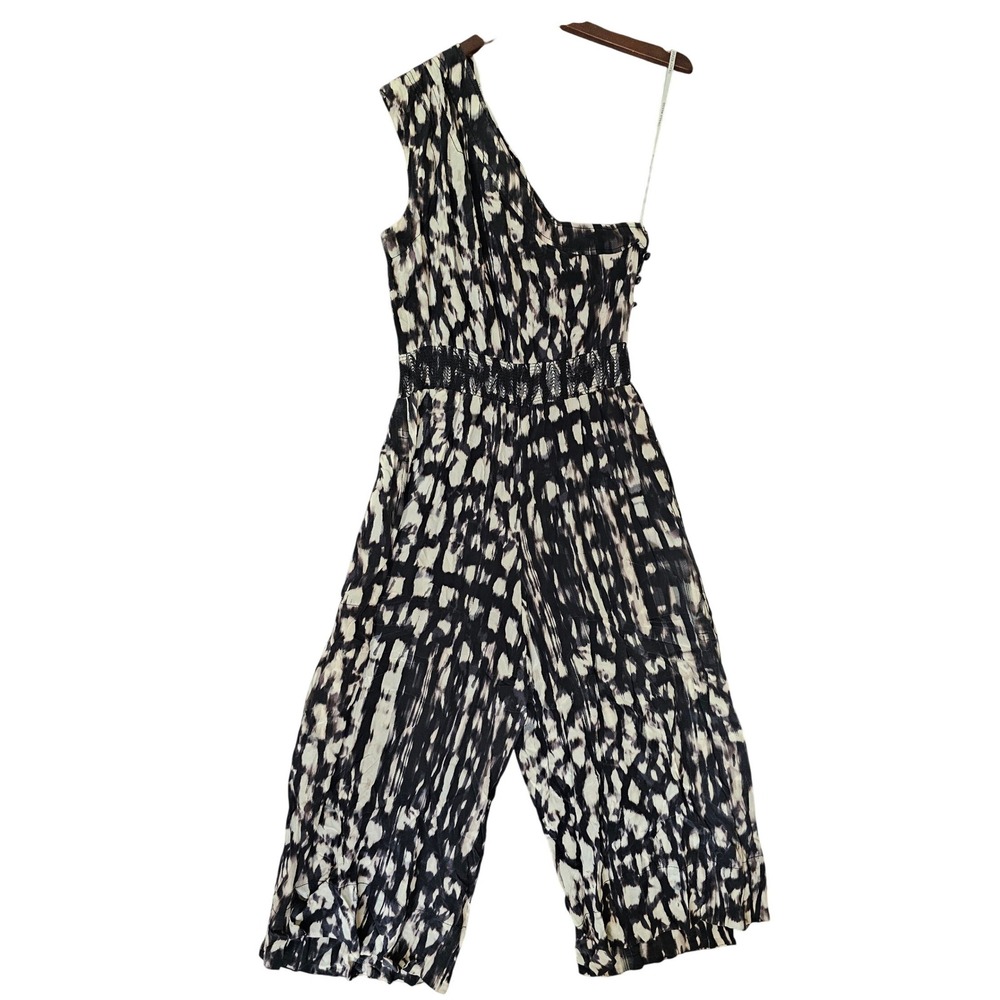 Tracy Reese Womens Black White Abstract One Shoulder Wide Leg Jumpsuit Size L